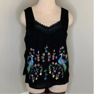 Soft Surroundings Black Embroidered Peacock Floral Tank Top Size Medium